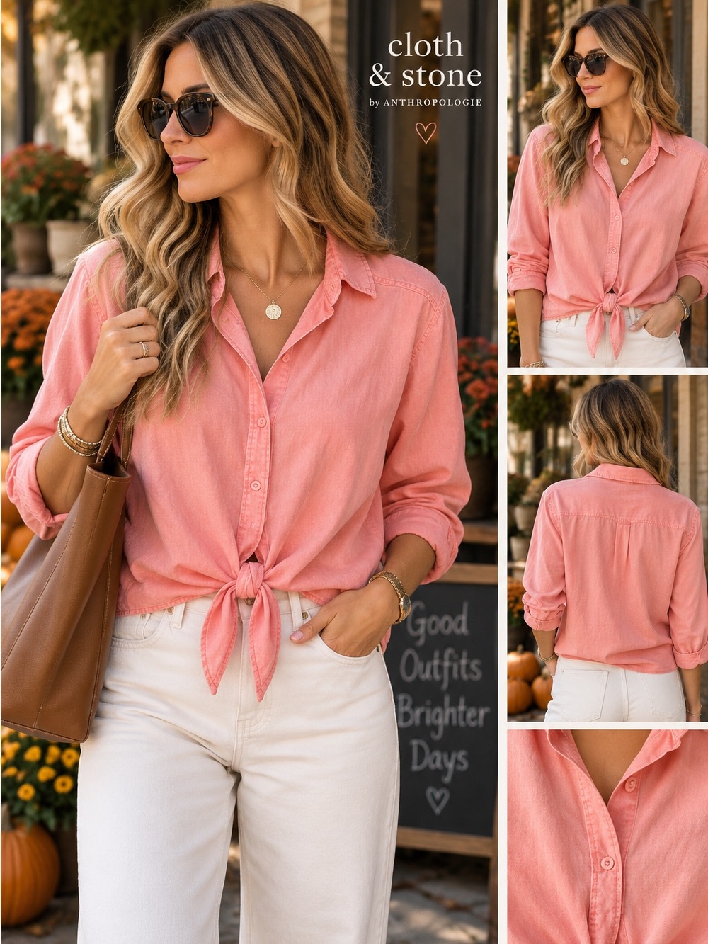 cloth & stone by Anthropology Coral-Pink Tie-Front Button-Down Shirt size Large